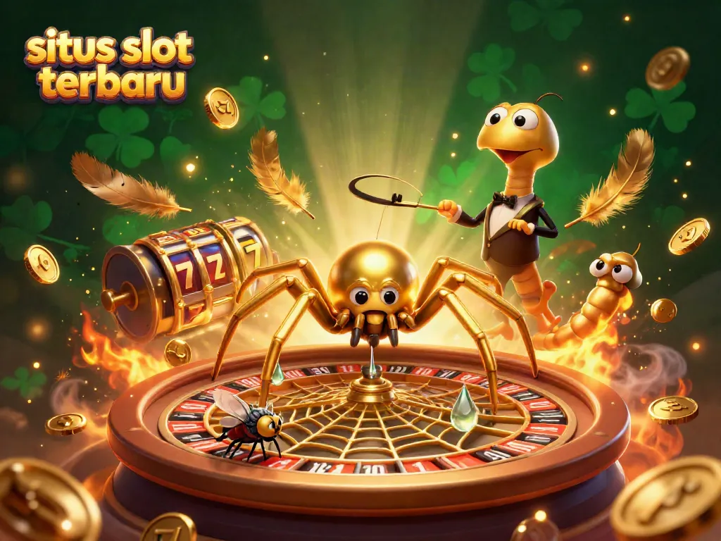 Ilustrasi 3D situs slot terbaru dengan laba-laba emas dan elemen permainan menarik.