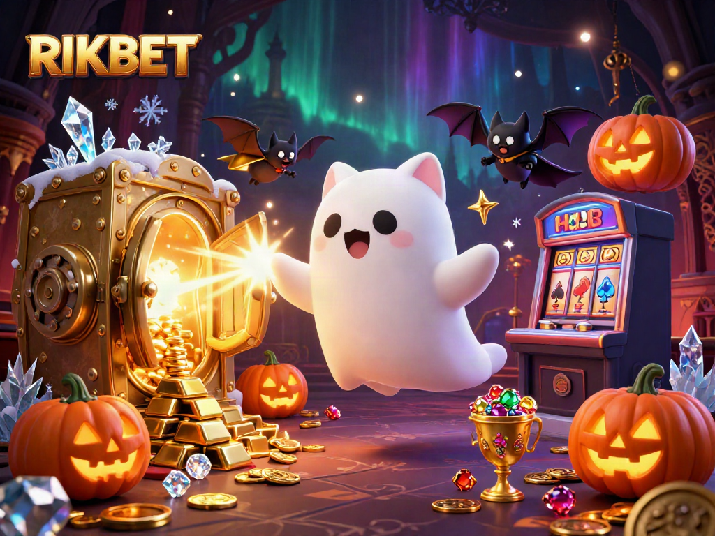 RIKBET ghost cat and vampire bat bring a festive glow to a haunted casino scene.