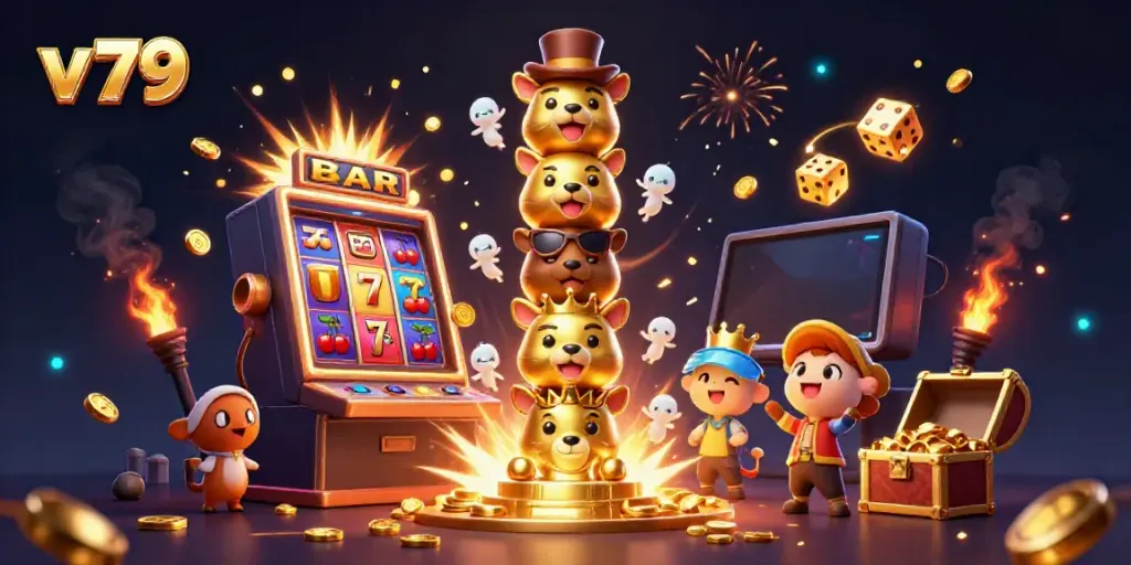 Engage with the vibrant slot game experience of v 79, featuring a lively totem and jackpot explosion.