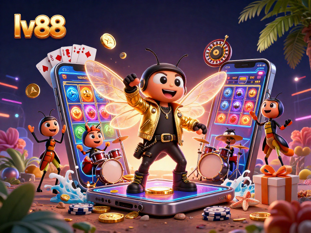 Experience exciting gaming with lv88 featuring a vibrant 3D scene of a rock star and casino elements.