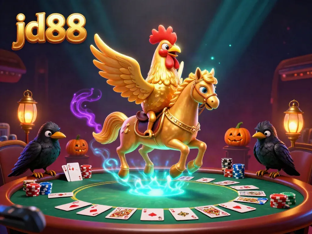 Engage in thrilling moments at jd88 with a golden rooster in a dazzling midnight casino scene filled with poker elements and enchanted companions.