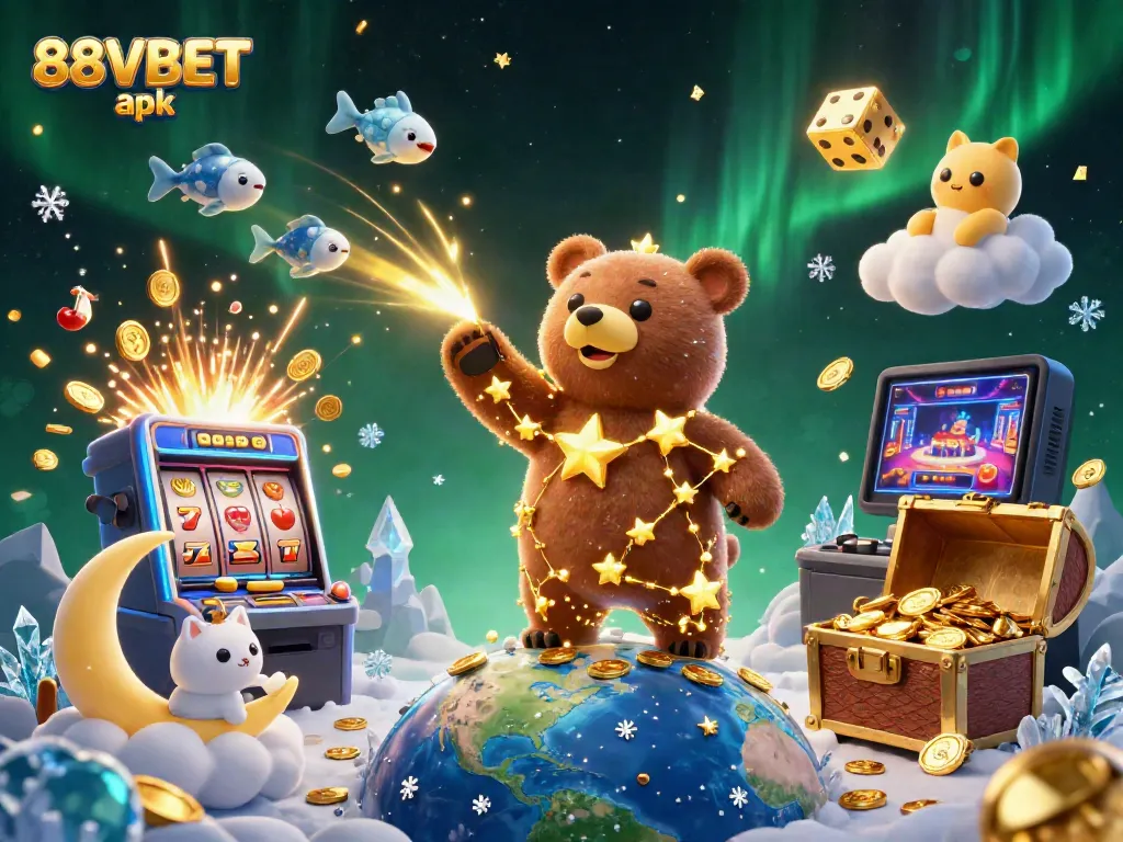 Engage with the 88VBET apk in a vibrant 3D casino scene featuring stars, coins, and dynamic gaming elements.