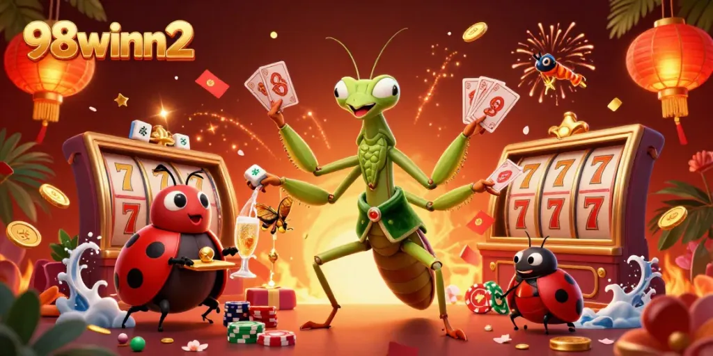 Join 98winn2's vibrant gaming experience with a giant mantis dealer and ladybug pit boss in a dynamic casino scene.