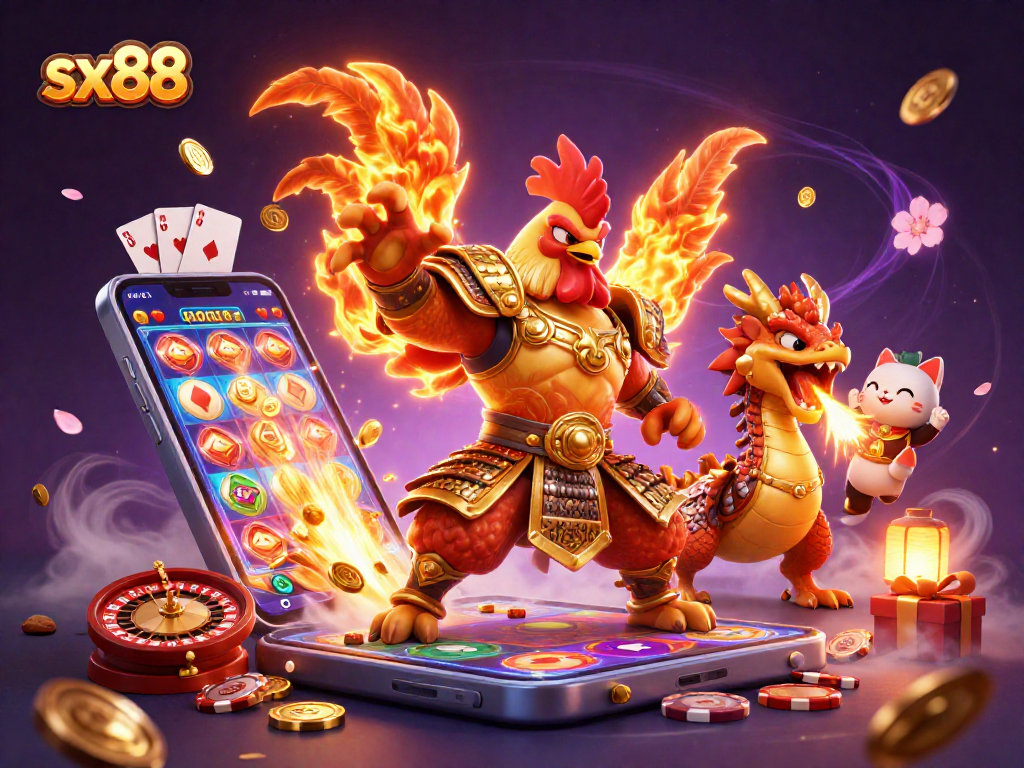 Engage with sx88's gaming world featuring a rooster warrior, dragon hatchling, and vibrant game elements.