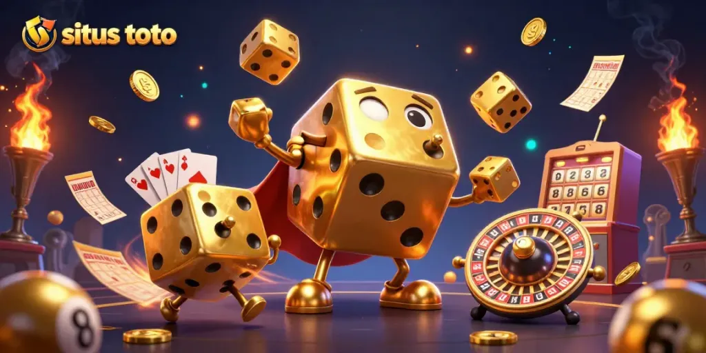 Menggulung angka dengan situs toto pada ilustrasi tiga dimensi warna-warni dan elemen permainan lotto.