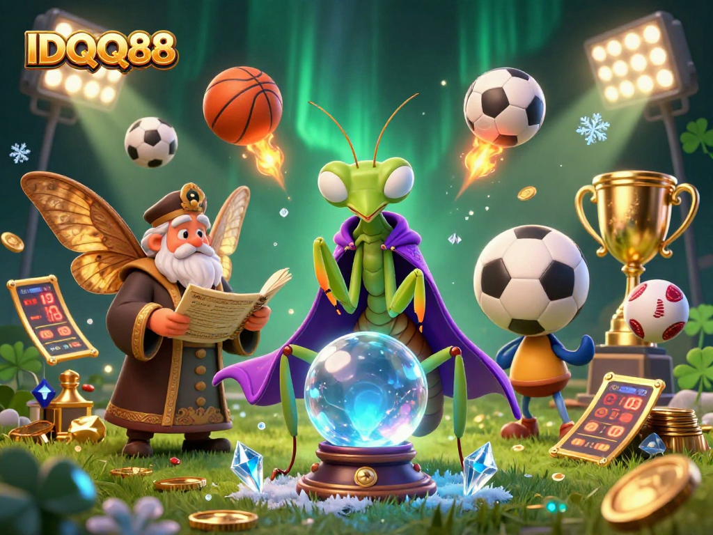 Engage with IDQQ88 gaming strategies through a vibrant 3D illustration of fortune tellers and sports elements.
