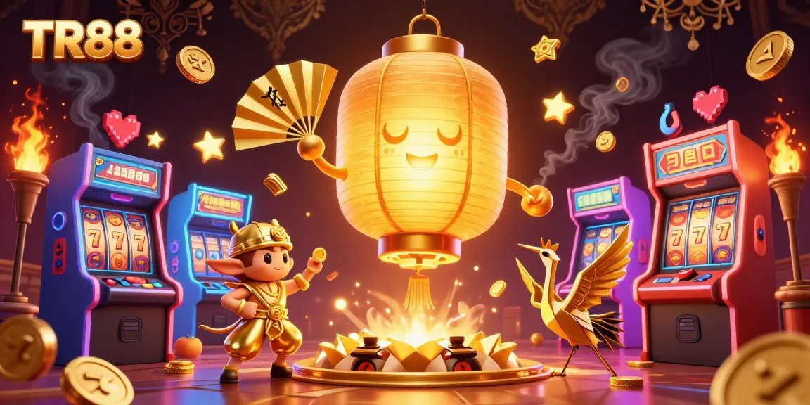 Engage with TR88's dynamic gaming environment featuring a golden lantern spirit and vibrant slot reels.