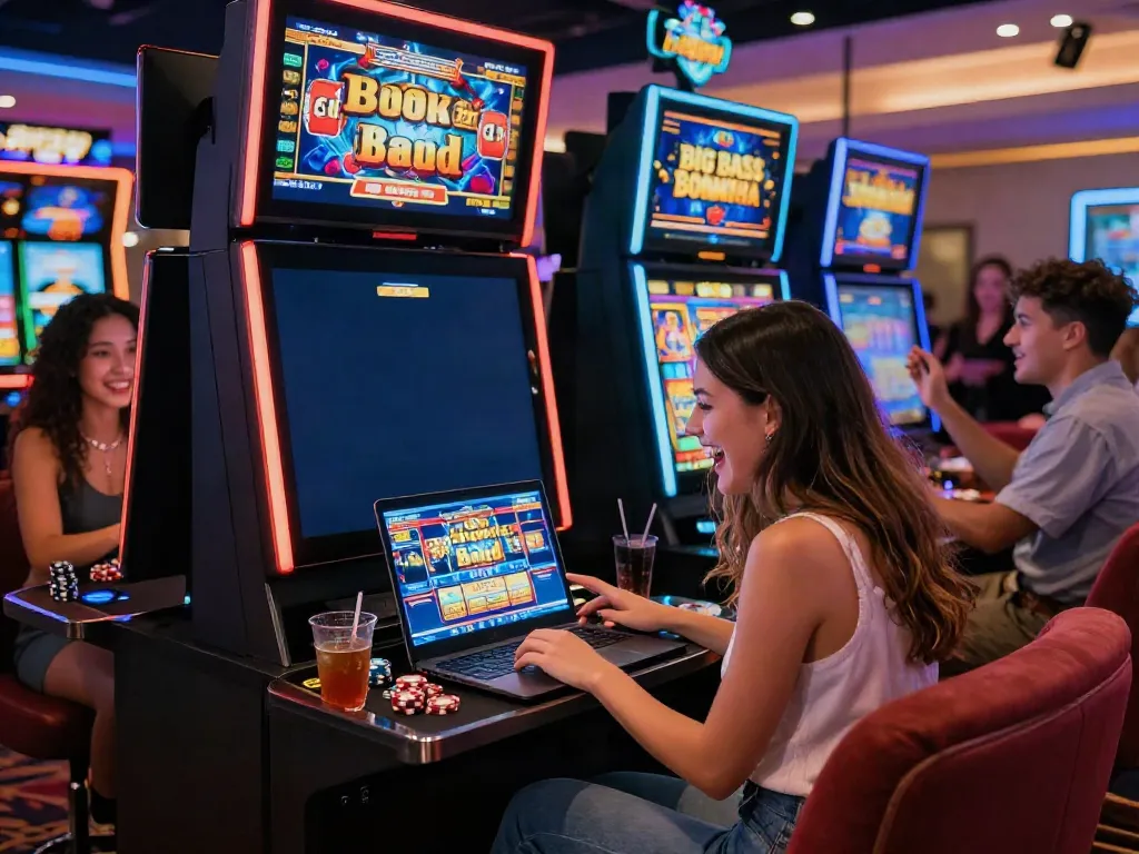 Casino Bonus ohne Einzahlung: Spielerin genießt aufregendes Slotspiel in lebendiger Online-Casino-Umgebung.