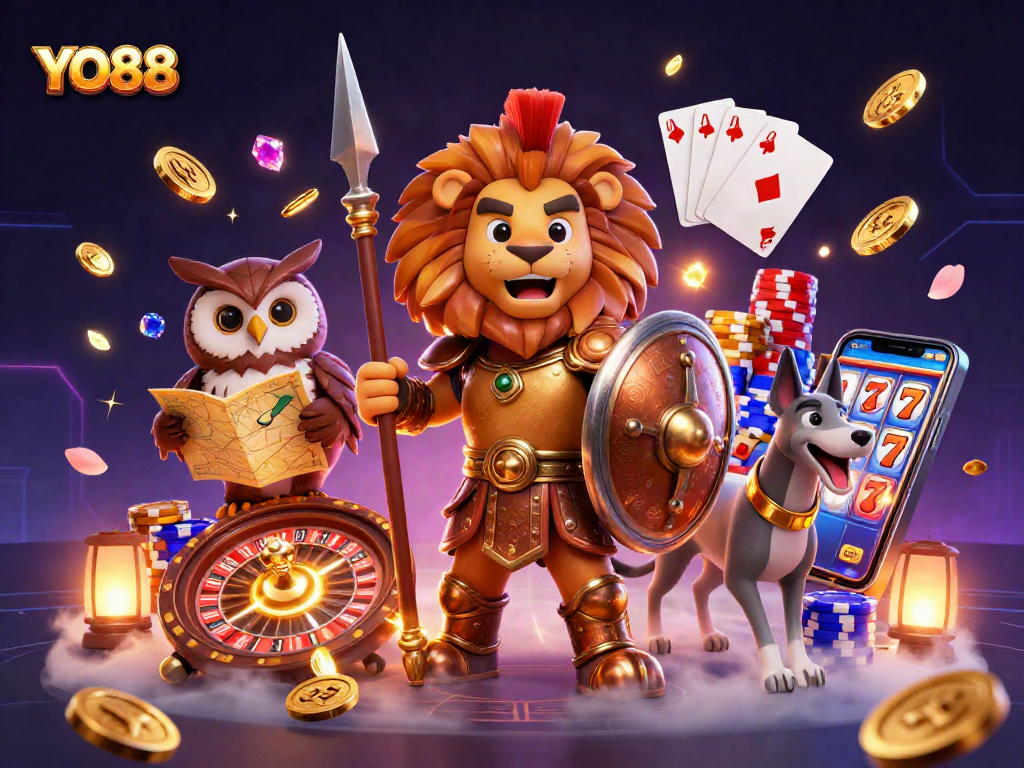 Spin and win at YO88 with vibrant casino elements and strategic characters in a dynamic 3D scene.