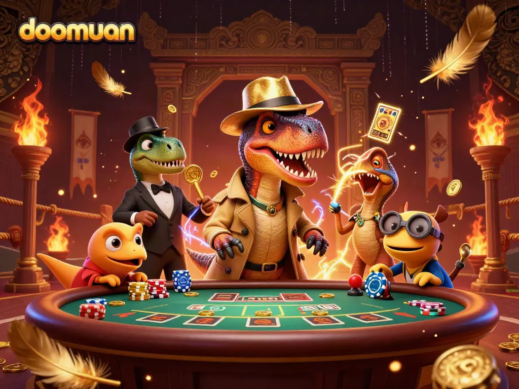 Doomuan velociraptor card counter at blackjack table surrounded by vibrant casino elements in an exciting scene.