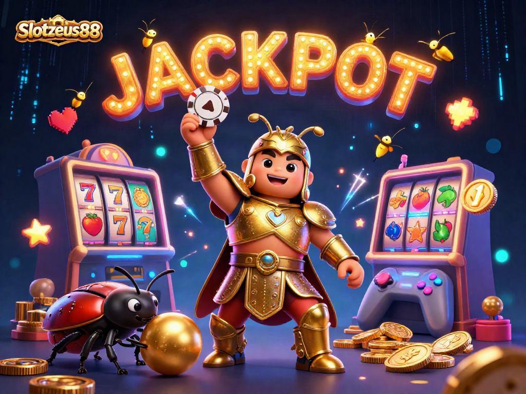 Engage with Slotzeus88's vibrant 3D casino world featuring a heroic beetle celebrating a jackpot!
