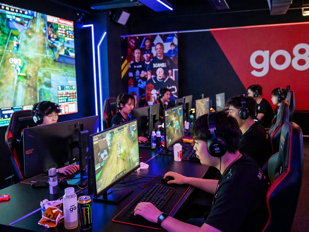 Gamers competing in a vibrant esports arena showcasing the go8 logo.