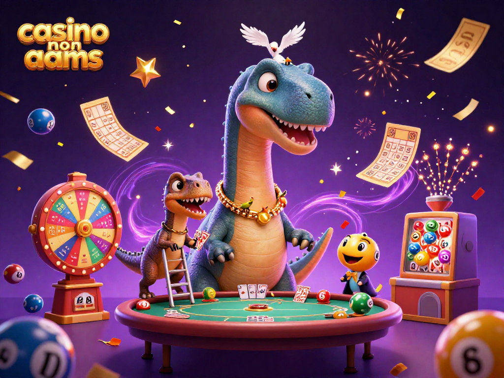 Immagine animata di un brontosaurus che guarda un tavolo da poker in un casinò non AAMS, con effetti dinamici di lotteria.