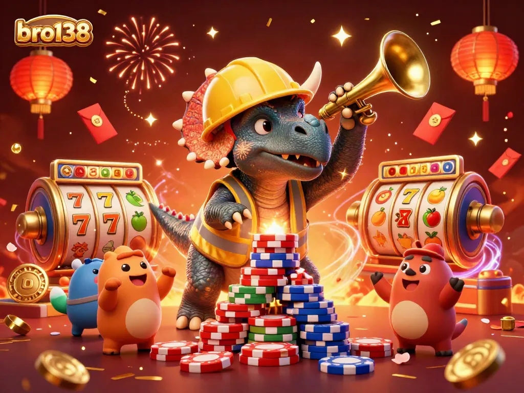 cheerfully celebrate bro138's exciting jackpot games with triceratops, parasaurolophus, and casino chips