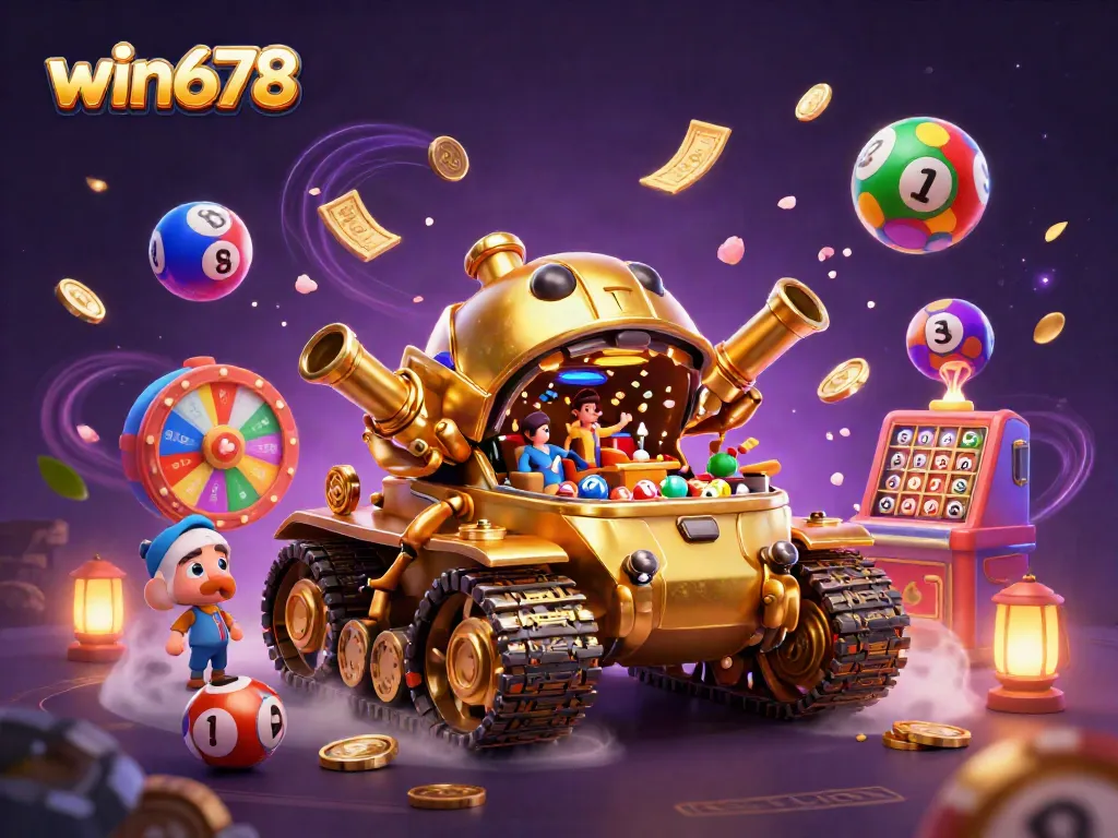 Experience the vibrant gaming world of win678 with a dynamic, festive scene featuring a golden beetle tank casino.