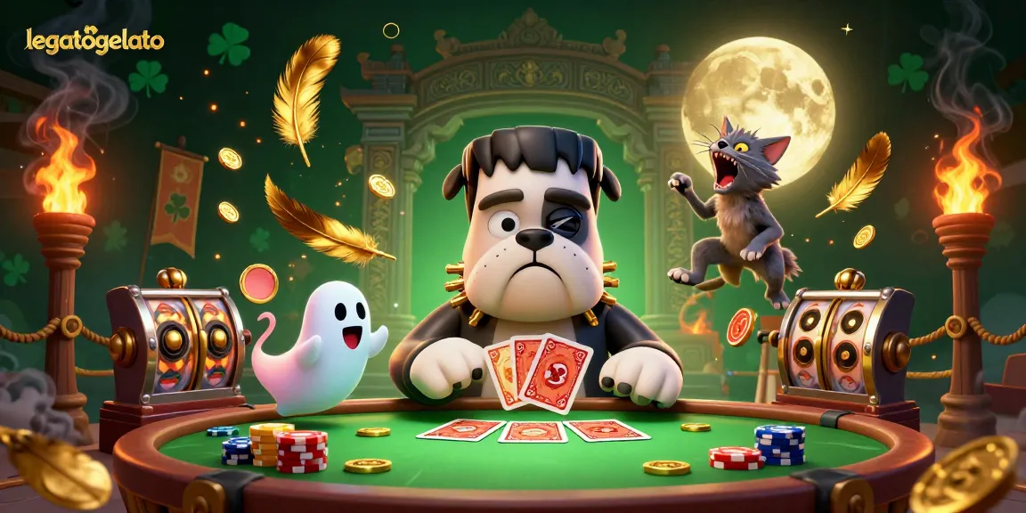 Legatogelato brings excitement as a Frankenstein bulldog deals cards at a spooky casino.