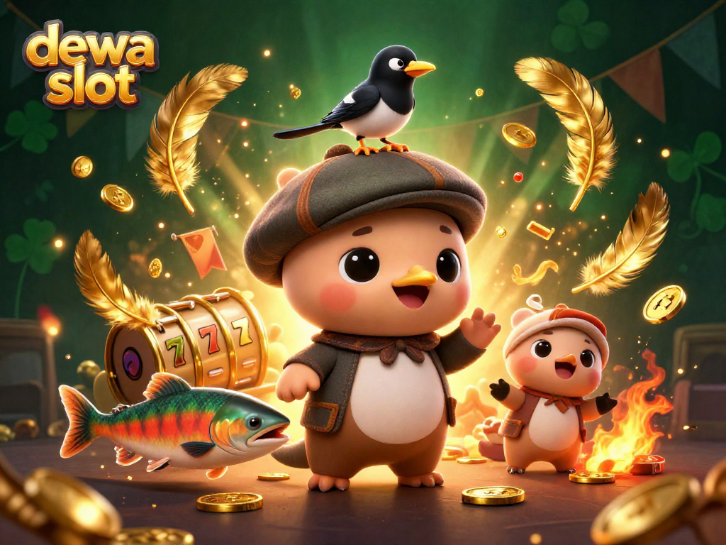 Join the exhilarating thrill at dewa slot with cute Nessie and friends amidst gold and slot reels.