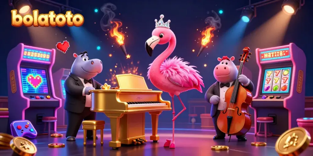 Experience the excitement of bolatoto with vibrant casino elements and lively characters in a stunning 3D scene.