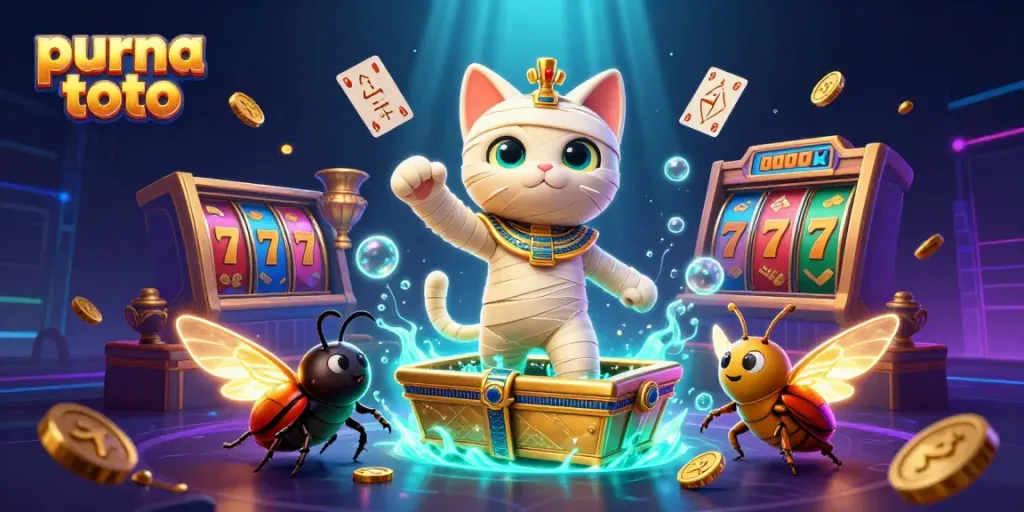 Slot permainan purna toto dengan kucing mumia dan scarab emas beraksi di kasino piramid.