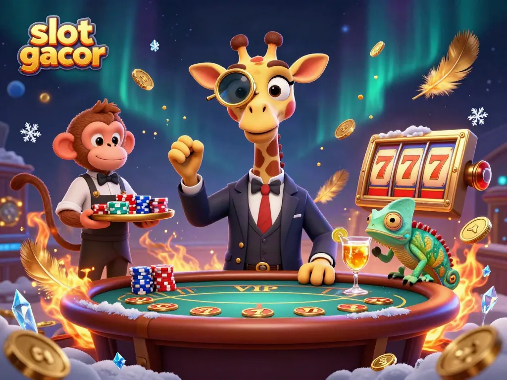Experience the excitement of slot gacor with a high-roller giraffe, monkey valet, and chameleon bartender in a vibrant casino