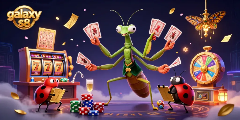 Engage in thrilling gameplay with galaxy s8 as a cartoon mantis dealer shuffles chips and cards.