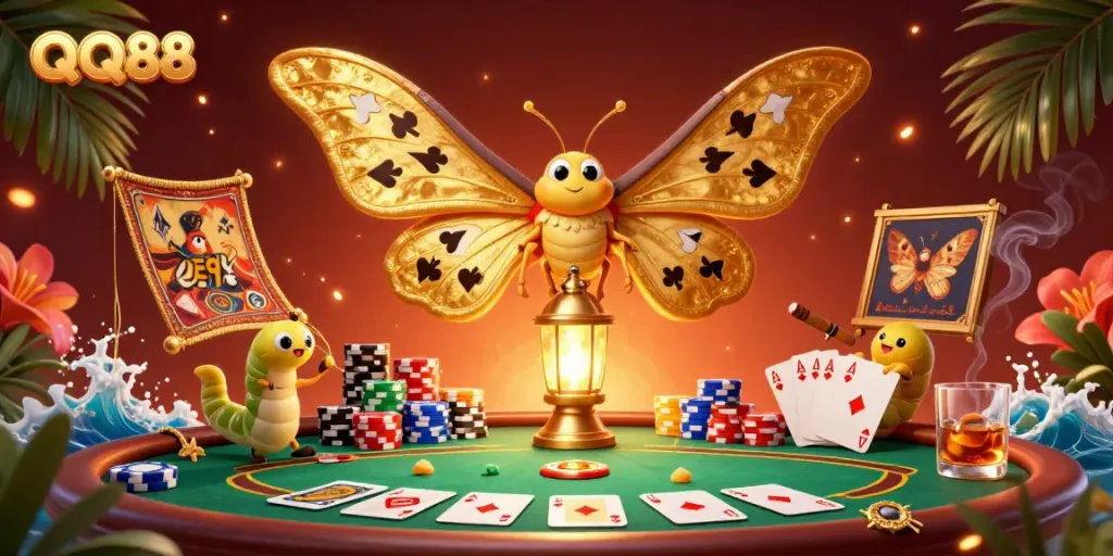 Engage with QQ88 features in this vibrant illustration showcasing a fantasy casino atmosphere with a cartoon moth.