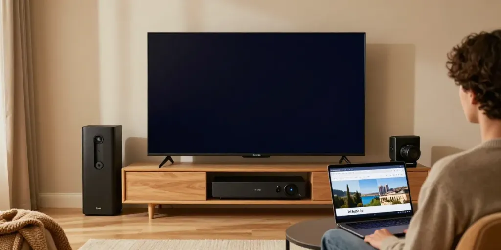 View of a user streaming from https://rbtv.io on a smartphone and smart TV in a cozy living room.