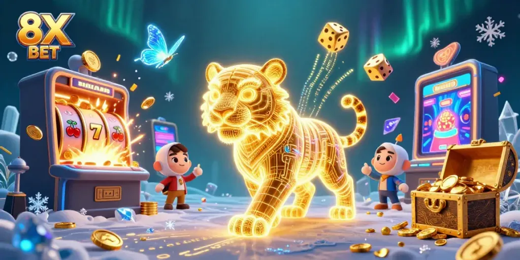 Win big with 8X BET in this vibrant casino scene featuring a golden tiger and jackpots.