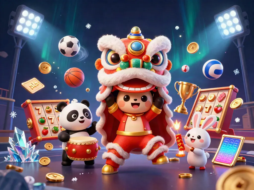 Slot permainan memperlihatkan karakter dalam kostum tarian singa, dikelilingi elemen kasino seperti gulungan slot dan koin emas.