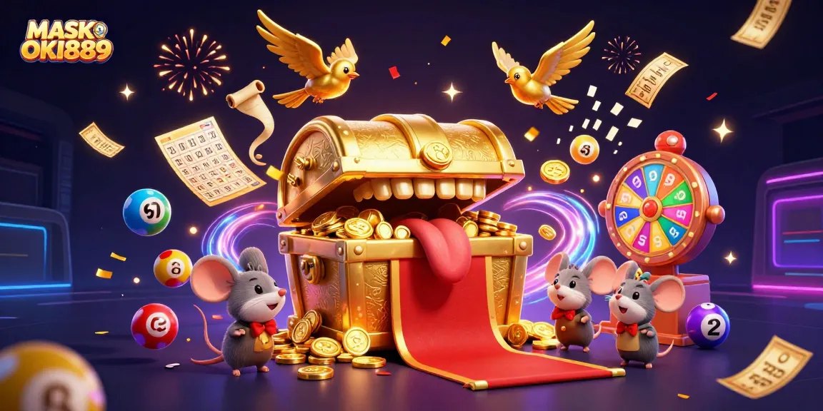 Engage with MASKOKI889 and uncover thrilling online casino treasures in this vibrant 3D illustration.