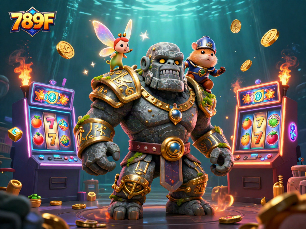 Experience thrilling gameplay at 789F with a lively 3D casino scene featuring dynamic slot machines and characters.