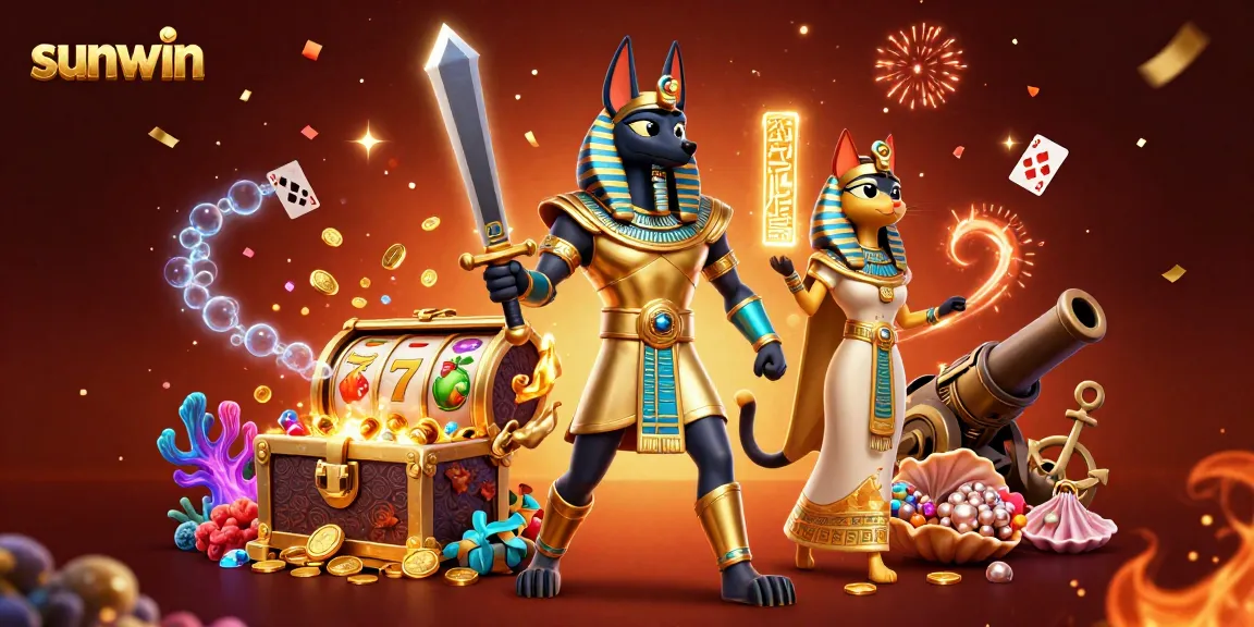 Experience excitement with sunwin as Anubis and Bastet grace a vibrant gambling arena.