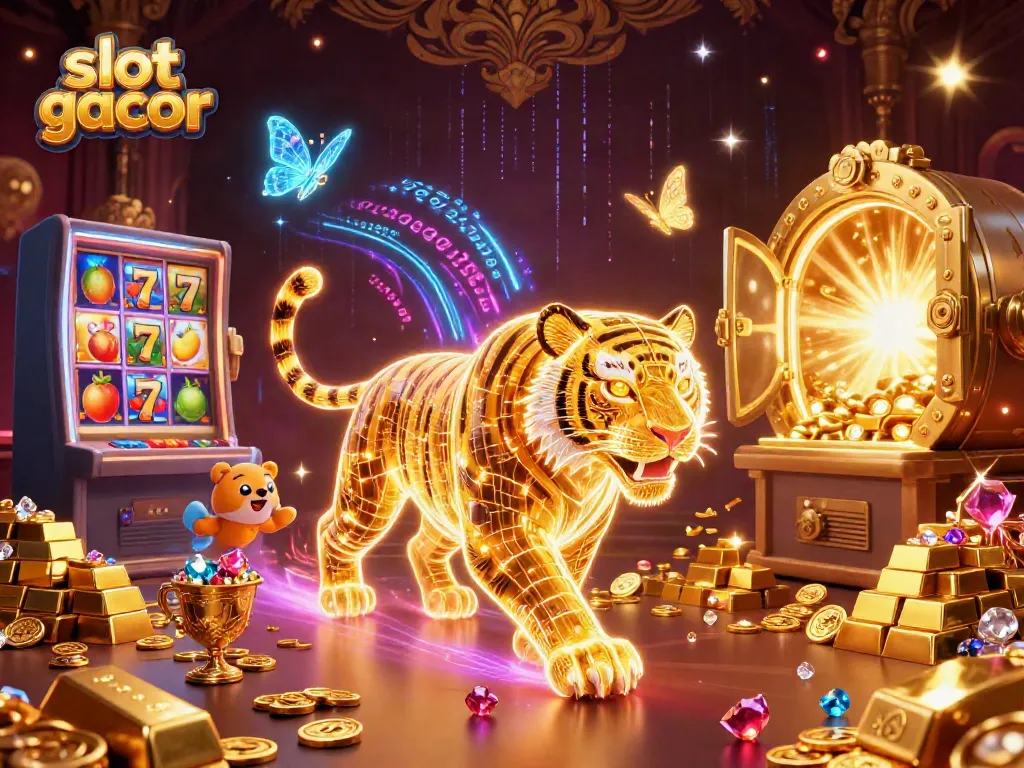 Experience the thrill of slot gacor with animated golden tiger and dazzling jewels in a digital casino.