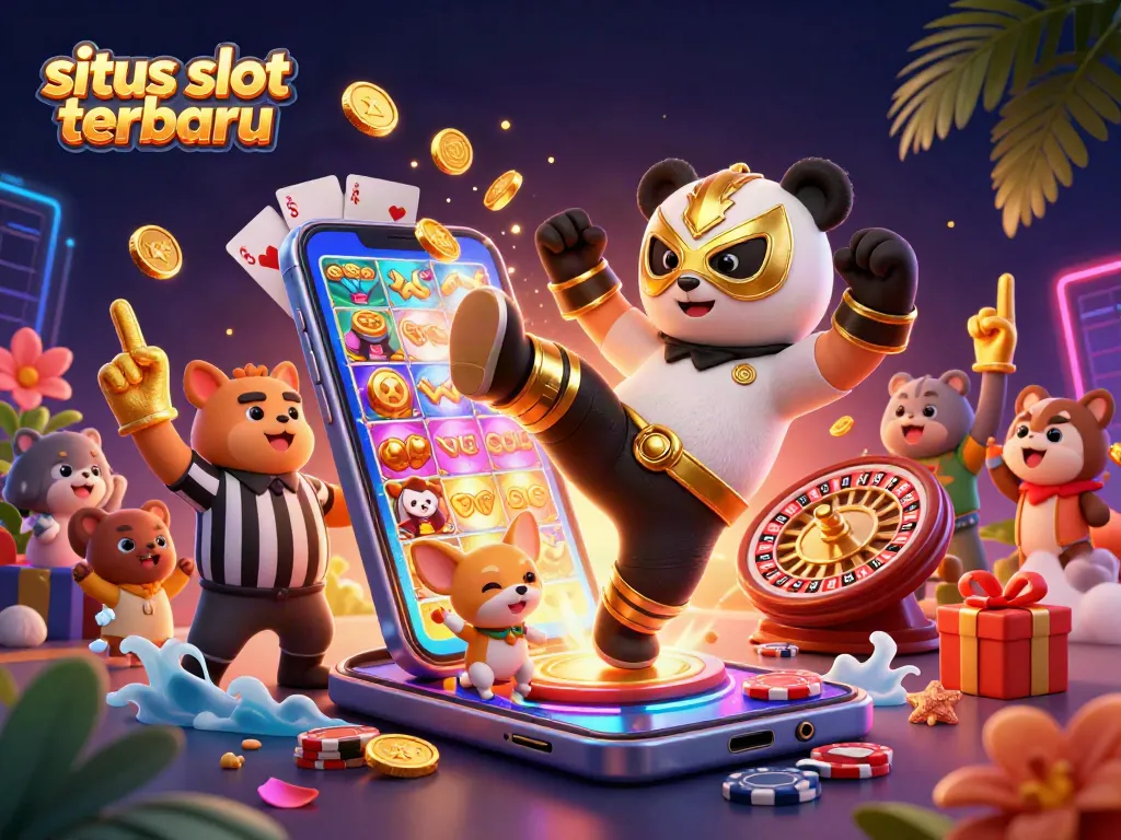 Permainan situs slot terbaru dengan panda berkostum, banyak koin emas, dan penonton hewan yang meriah.