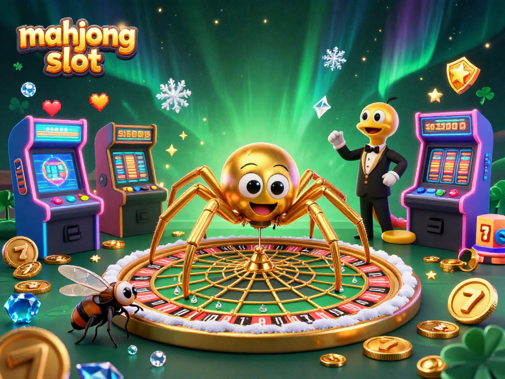 Spin the mahjong slot with a spider managing a dazzling roulette web amidst fun gaming elements.