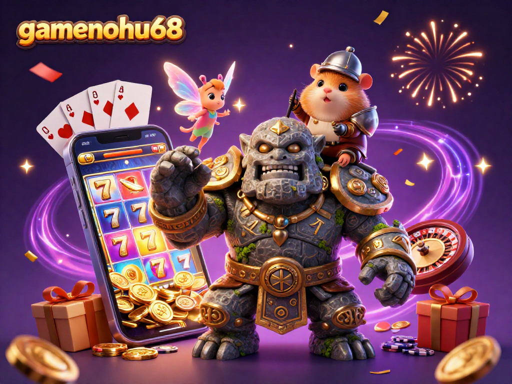 Experience the thrill of gamenohu68 with a magical casino adventure featuring a golem, fairy, and hamster knight.