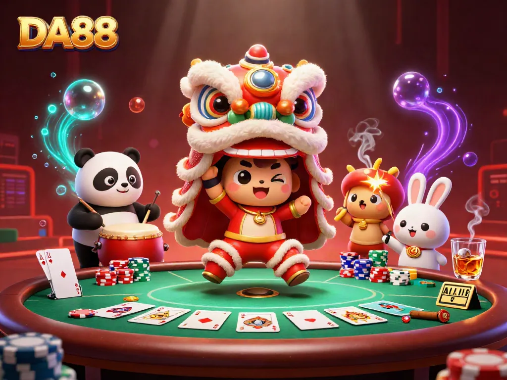 Engage with DA88's vibrant casino scene featuring festive characters and dynamic poker elements.