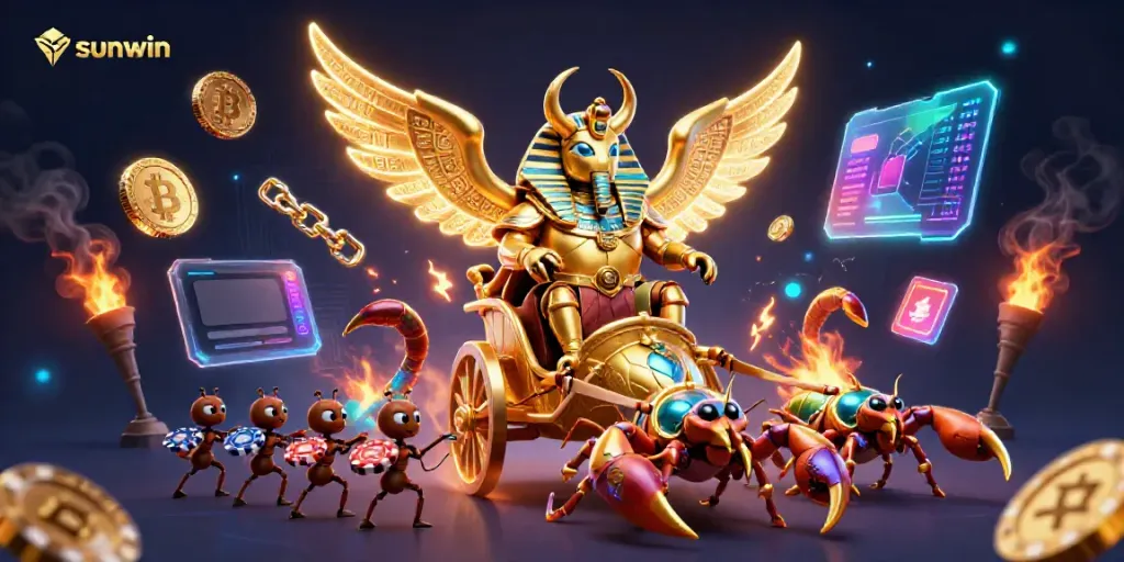 Engage in entertainment at sunwin with an exciting scene of a cartoon scarab and scorpions in a vibrant casino.