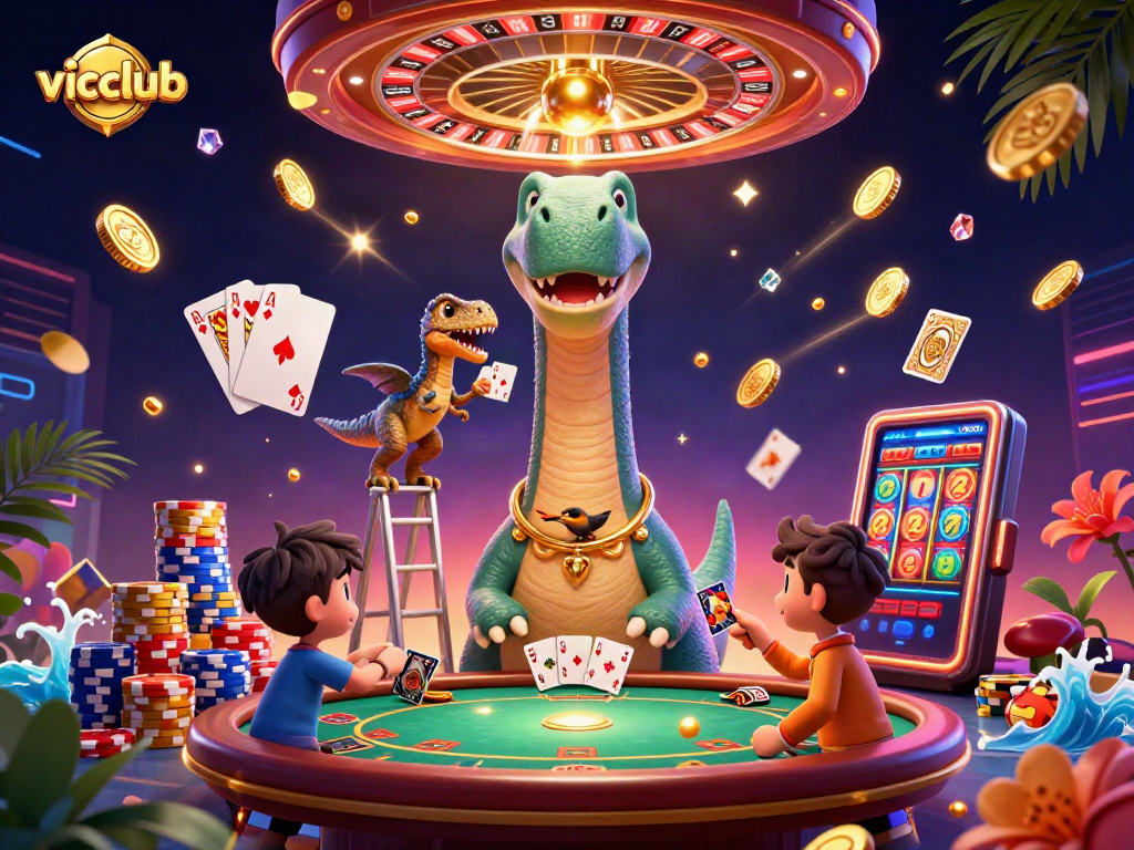 Join vicclub in an exhilarating casino adventure featuring a towering brontosaurus dealer and golden treasures.