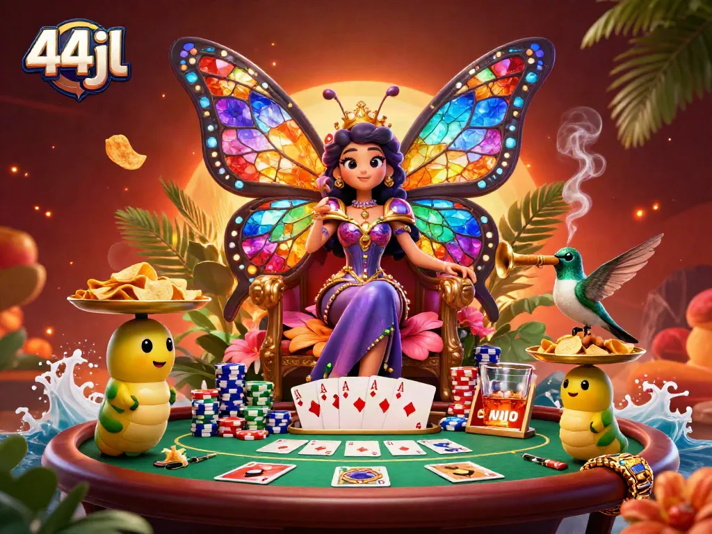 Experience vibrant gameplay with 44jl's exciting poker scene featuring a butterfly queen and colorful elements.