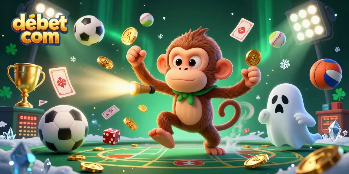 Bet big with debet com while a mischievous poltergeist monkey juggles in a haunted casino.