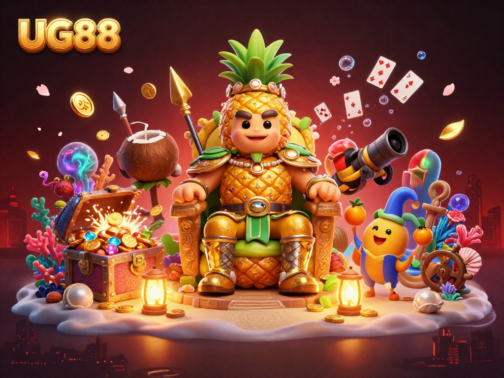 Engage in thrilling gameplay at UG88 with a lively scene featuring a golden pineapple king and vibrant casino elements.