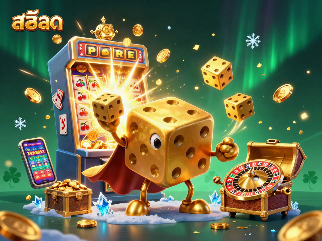 Engage with excitingสล็อต experiences in a dynamic casino scene with golden dice and jackpot action.