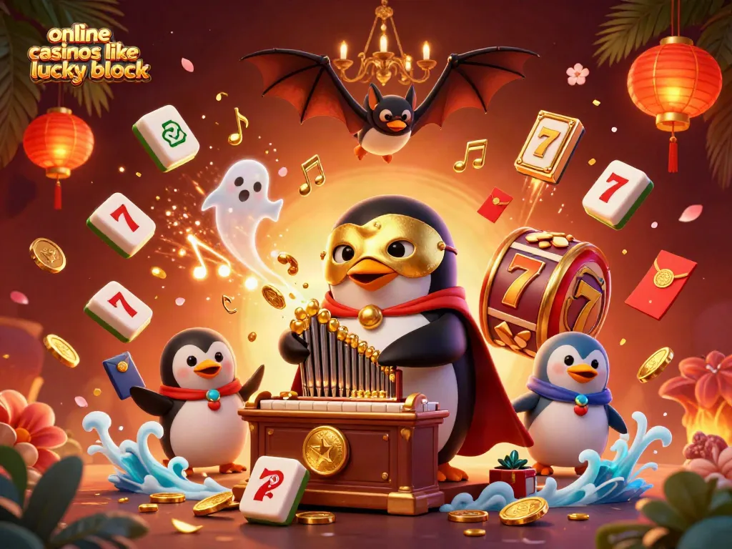 Engage with online casinos like lucky block through the vibrant scene of a penguin playing a golden organ, surrounded by casino elements.