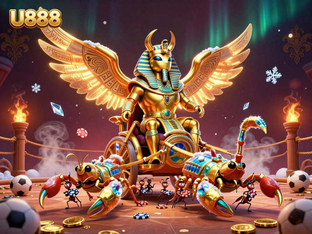 U888 showcases a vibrant gaming scene with a golden scarab beetle and immersive betting action.