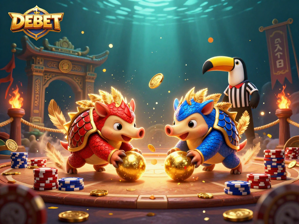 Engaging 3D illustration of rival pangolins competing in a DEBET casino theme, surrounded by poker chips and gold.