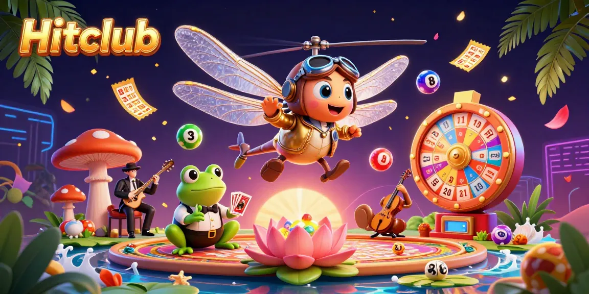 Hitclub showcases an engaging lottery scene with a dragonfly pilot and frog croupier amidst dynamic game elements.