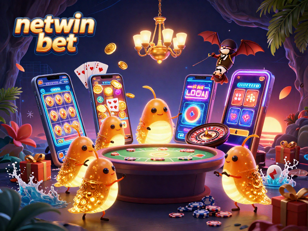 Experience the excitement of netwin bet with glowing casino creatures illuminating a vibrant gaming scene.