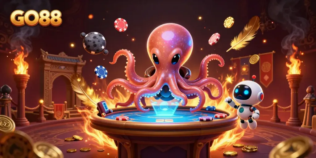 Engage with GO88's thrilling poker action featuring a colorful alien octopus and dynamic gaming elements.