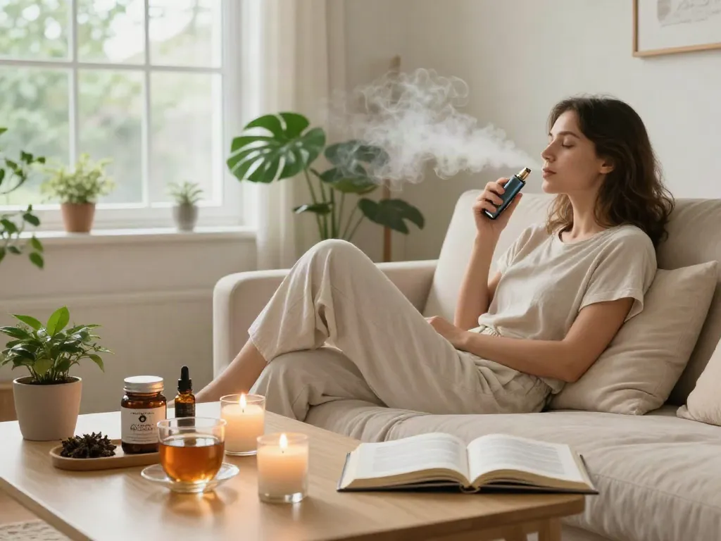 Best vapes Canada reflected in a peaceful evening routine with CBD products, vape device, and wellness elements.